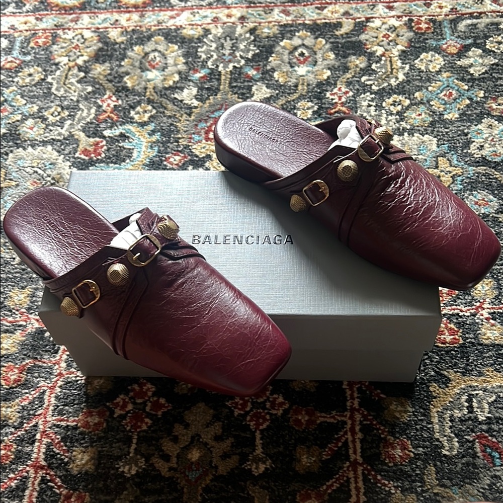 Brand New Balenciaga Dark Red Cosy Cagole Mules with Antique Gold Details